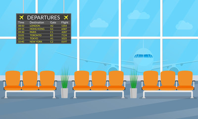 Airport waiting hall. Departure lounge interior with chairs and airplane in the window. Airport terminal with departure board. Vector illustration.