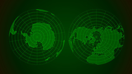 Arctic and antarctic poles globe hemispheres in military radar style display