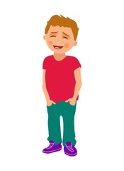 Boy put hands in pockets and smiles. Color vector flat