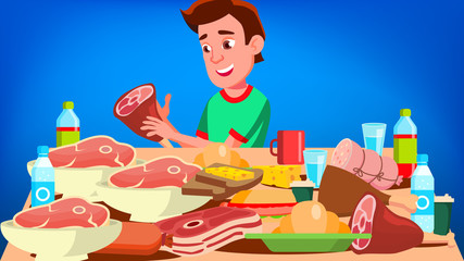 Mukbang Eating Show Vector. Guy. Social Eating. Popular Video Streamer Blogger. Illustration
