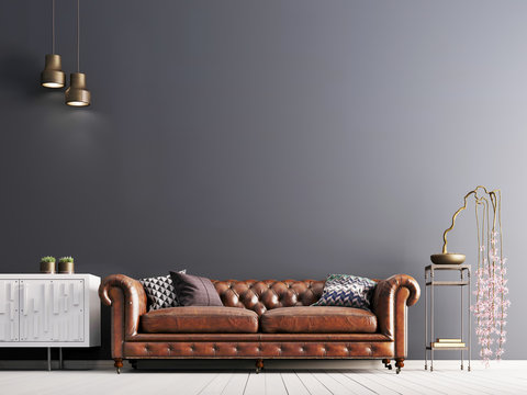 empty wall in classical style interior with leather sofa on grey background wall.