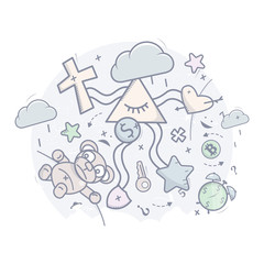 Cartoon Doodle All seeing eye. Background.