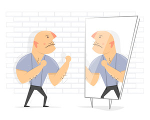 Fight with yourself. Man in front of a mirror.