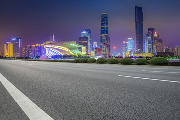 Road pavement and Guangzhou city buildings skyline