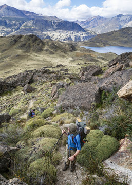 Hikers at the Chacabuco Valley, Parque Patagonia, AysŽn Region, Chile.