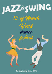 Jazz and Swing. Poster for world dance festival. Flyer or element of advertizing for social dances. Dance party poster vector template, event flyer invitation.