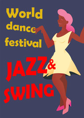 Jazz and Swing. Poster with girl for world dance festival. Flyer or element of advertizing for social dances. Dance party poster vector template, event flyer invitation.