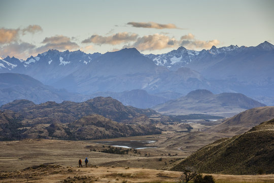 Hikers at Chacabuco Valley, Parque Patagonia, Aysen Region, Chile