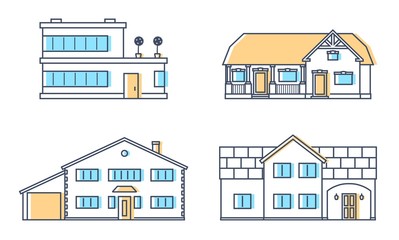 Set of four residention houses. Living cottage set. Apartament building. Home facade with doors and windows. Real estate buildings. Vector illustration.