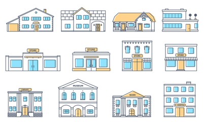 Buildings set. Residential cottages, store, mall, ship, museum, hospital, library, bank building isolated on white background. Urban public, retail business and living buildings. Vector illustration.