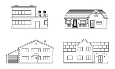 Set of four residention houses. Living cottage set. Apartament building. Home facade with doors and windows.