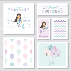 Cute birthday cards set for girls. Little Mermaid cartoon characters. With glitter elements.