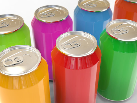 Many cans of colorful carbonated drinks. 3D rendering