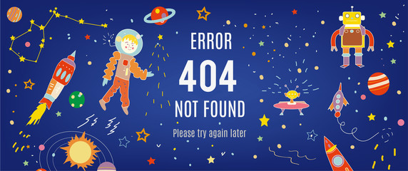 404 error banner with cosmos and spaceships. Vector graphic illustration