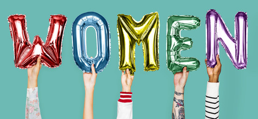 Hands showing women balloons word