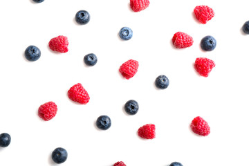 Delicious ripe berries on white background, top view