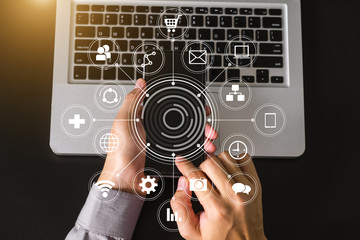 Coding software developer work with augmented reality dashboard computer icons  with responsive...