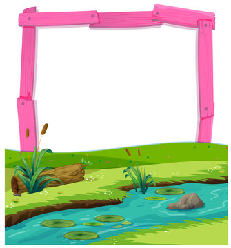 Pink wooden frame and river landscape