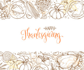Happy thanksgiving day greeting card template. Thanksgiving poster with roasted turkey, pumpkin pie and aconrs sketches. Horizontal composition with text.