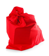 Santa Claus bag full of gifts on white background