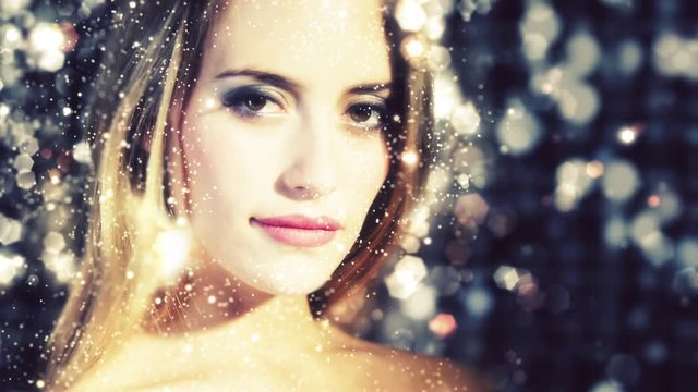 cinemagraph, living photo of beautiful model posing in a disco setting shimmer and sparkle effects