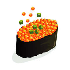 Vector of salmon spawn sushi or sashimi wrapped with seaweed and Japanese rice.