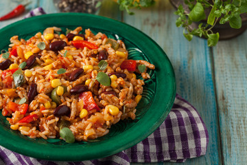 Mexican rice with minced meat and vegetables.