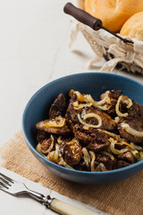 Fried chicken liver with onions.