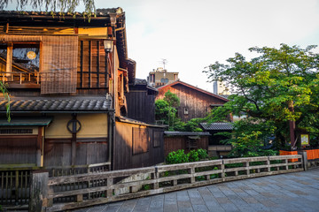 Traditional japanese houses on Shirakawa river, Gion district, Kyoto, Japan