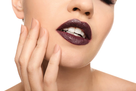 Beautiful Young Woman With Dark Lipstick On White Background, Closeup