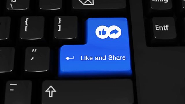 206. Like and Share Rotation Motion On Blue Enter Button On Modern Computer Keyboard with Text and icon Labeled. Selected Focus Key is Pressing Animation. Social Media Concept