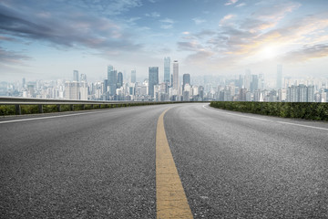 Road pavement and Chongqing urban architecture skyline