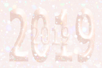 New Year or Christmas background 2019. Background with a volume inscription, bokeh effect. Can be used for postcards, posters, invitations, banners and brochures. Selective focus, mockup