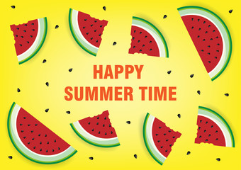 Summer time vector text and watermelon with black seeds yellow background. Vector illustration.