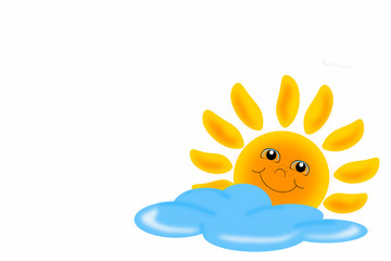 A smiling sun and a blue cloud on a white background,illustration.