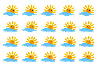 Smiling sun and blue cloud on white background,seamless pattern.