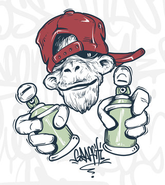 Monkey in cap holding a spray paint, vector print design for t-shirt