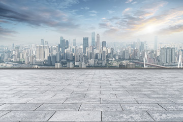 Urban skyscrapers with empty square floor tiles