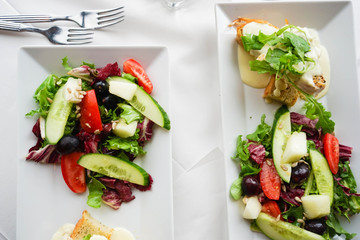 Open Chicken Sandwich on White table cloth
