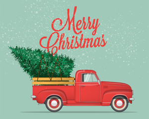 Merry Christmas and Happy New Year Postcard or Poster or Flyer template with  pickup truck with christmas tree. Vintage styled vector illustration. © paul_craft