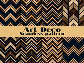 Art deco seamless pattern. Set retro backgrounds, gold and black color. Style 1920's, 1930's. Lines and geometric shapes. Vector illustration