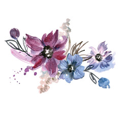 Cute watercolor hand painted flowers. Invitation. Wedding card. Birthday card