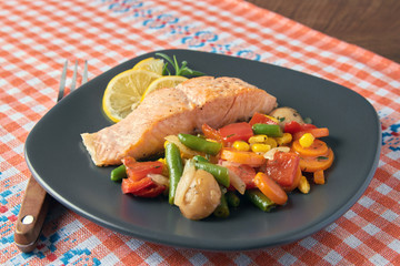 Grilled salmon with mexican vegetables