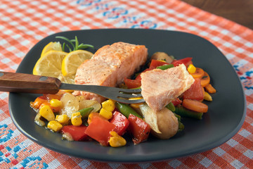 Grilled salmon with mexican vegetables