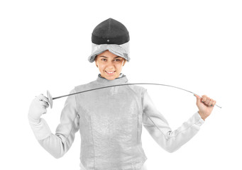 Young female fencer on white background