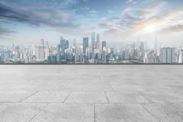 Urban skyscrapers with empty square floor tiles