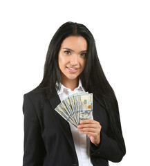 Young businesswoman with money on white background