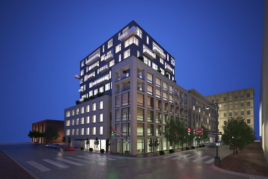 3d render of building exterior at night
