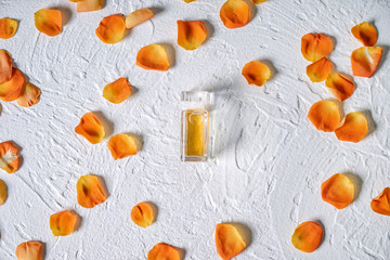 Bottle of perfume and flower petals on light textured background