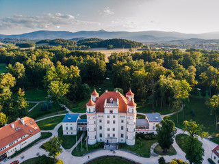A beautiful view from a drone on a palace in Wojanów, Poland